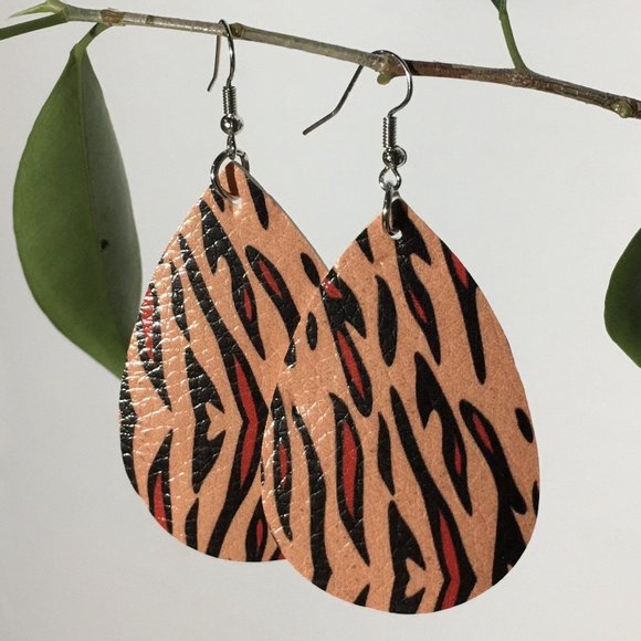 MomMe And More Jewelry - NEW Leather Teardrop Tiger Striped Earrings